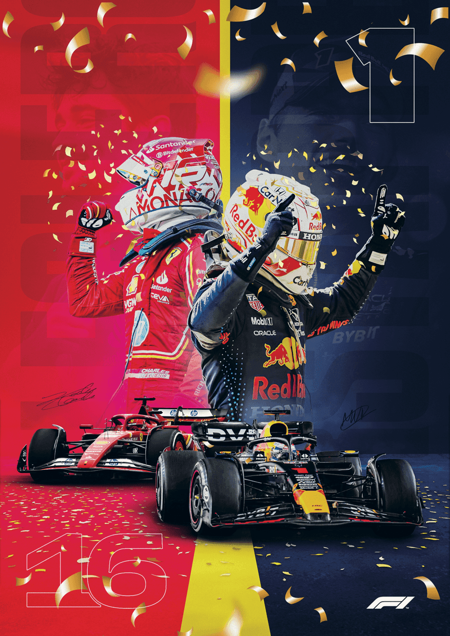 F1 plakát — Verstappen a Leclerc