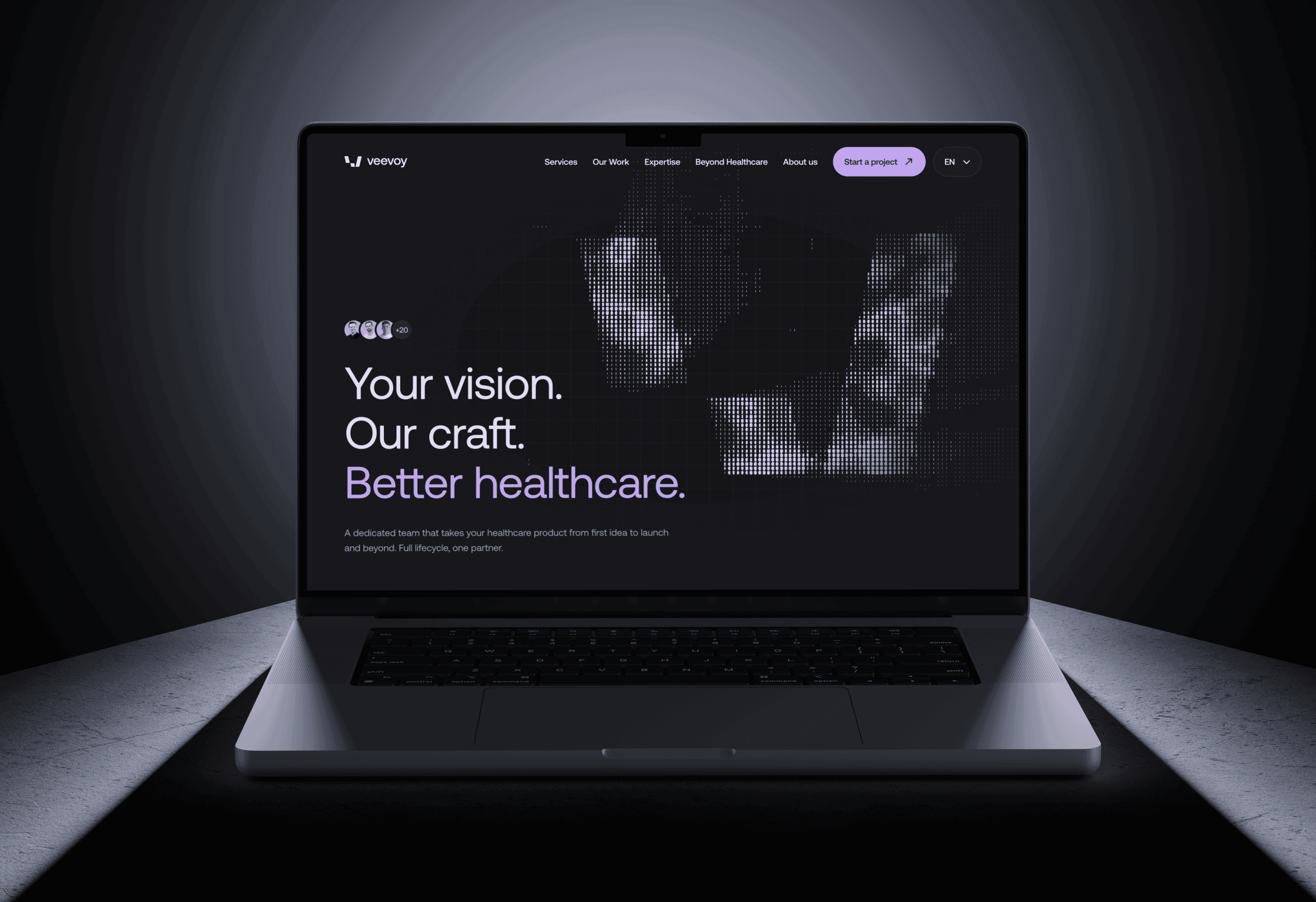 Veevoy marketing site on a desktop monitor