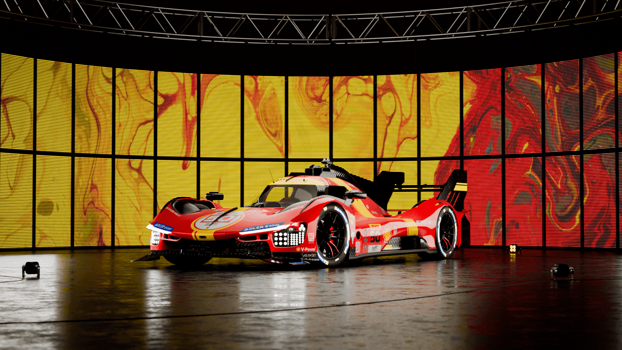 Ferrari 499P 3D render — front three-quarter view